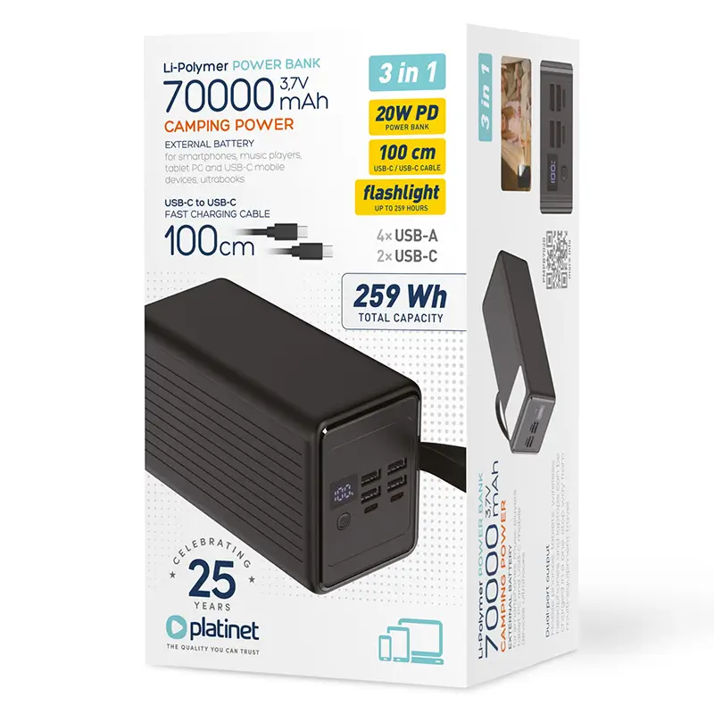 Laptop, Telefoane si Tablete - Telefoane mobile si accesorii - Accesorii Telefoane - Baterii externe - POWER BANK 70.000mAh PD 20W 4x USB-A /2x USB-C PLATINET PMPB7020 - Infinity.ro