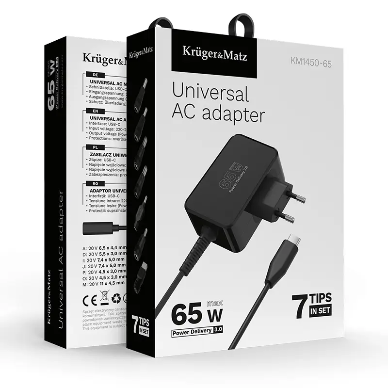 Laptop, Telefoane si Tablete - Telefoane mobile si accesorii - Accesorii Telefoane - Incarcatoare telefoane - Alimentator Universal 65W PD USB-C + 7 adaptoare Kruger&Matz KM1450-65 - Infinity.ro