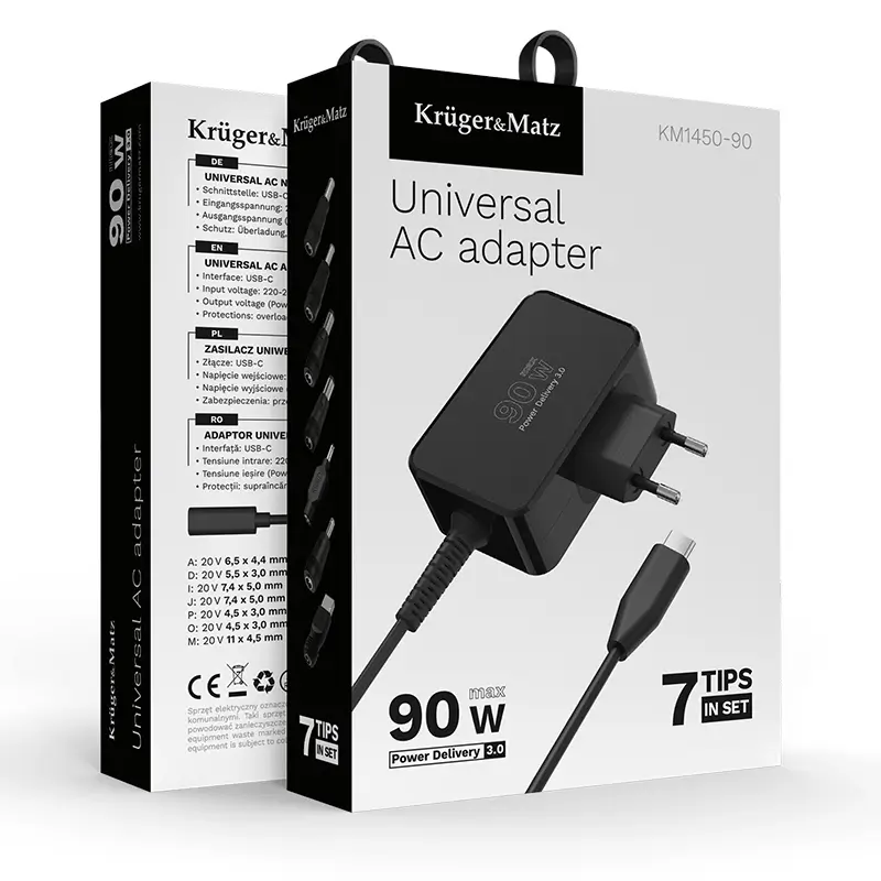 Laptop, Telefoane si Tablete - Telefoane mobile si accesorii - Accesorii Telefoane - Incarcatoare telefoane - Alimentator Universal 90W PD USB-C + 7 adaptoare Kruger&Matz KM1450-90 - Infinity.ro