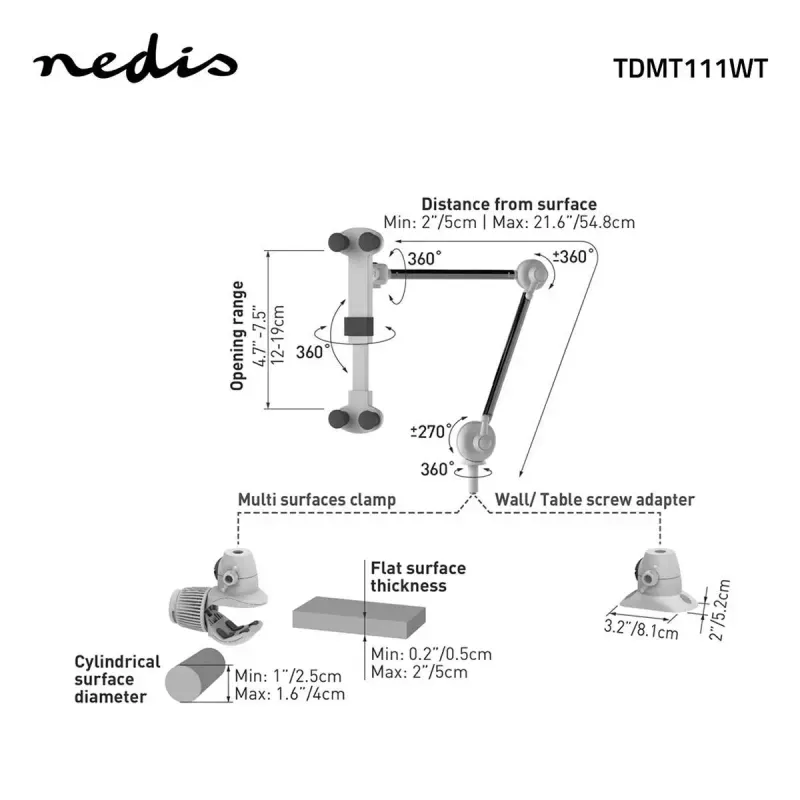 Laptop, Telefoane si Tablete - Telefoane mobile si accesorii - Accesorii Telefoane - Suport si docking telefoane - Suport Nedis TDMT111WT pentru tableta si smartphone 4-12" rotire 360 brat pliabil - Infinity.ro