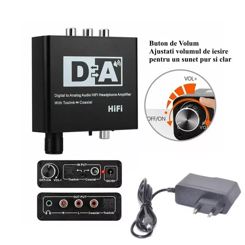 TV, Audio-Video si Foto - Accesorii TV si audio - Cabluri si adaptoare audio - Adaptor TOSLINK RCA - 2x RCA +Jack 3.5 mm si amplificare semnal - Infinity.ro