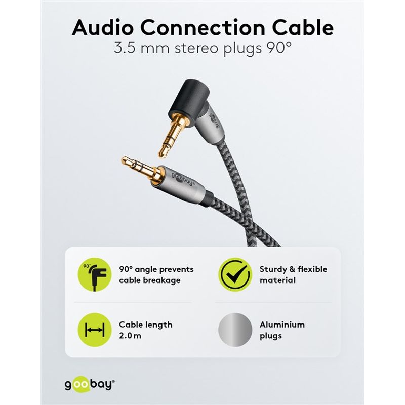 TV, Audio-Video si Foto - Accesorii TV si audio - Cabluri si adaptoare audio - Cablu audio stereo 2m textil impletit Jack 3.5 mm - 3.5 mm 90 grade tata-tata aurit Goobay 65279 - Infinity.ro