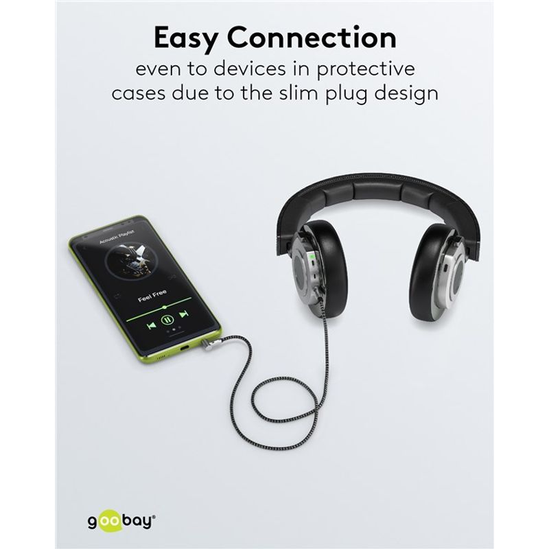 TV, Audio-Video si Foto - Accesorii TV si audio - Cabluri si adaptoare audio - Cablu audio stereo 2m textil impletit Jack 3.5 mm - 3.5 mm 90 grade tata-tata aurit Goobay 65279 - Infinity.ro
