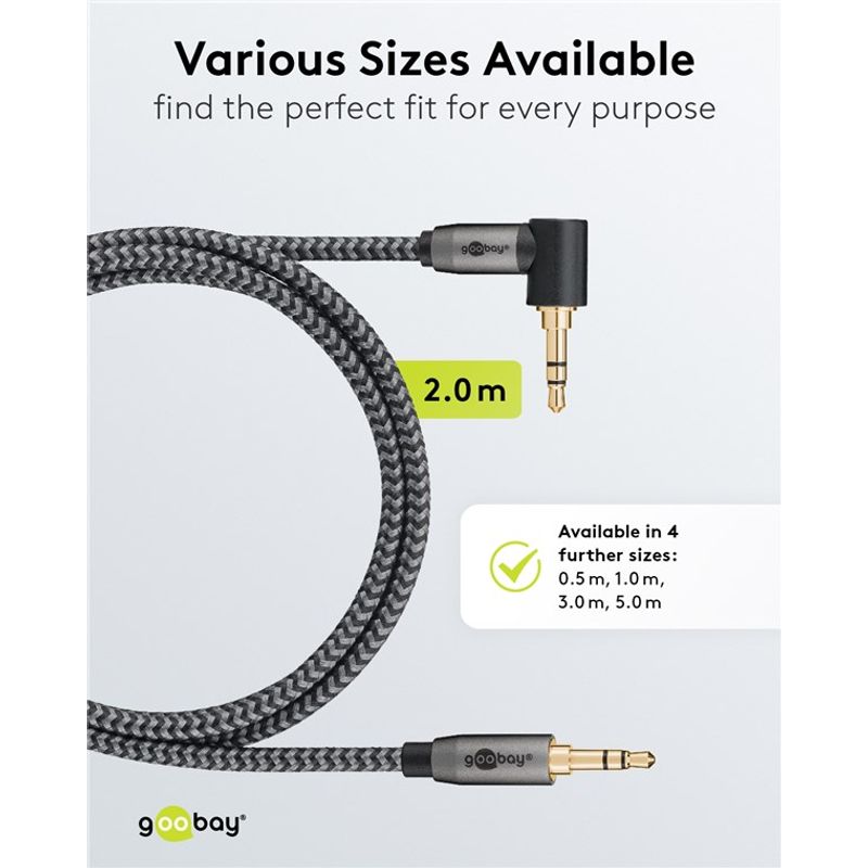 TV, Audio-Video si Foto - Accesorii TV si audio - Cabluri si adaptoare audio - Cablu audio stereo 2m textil impletit Jack 3.5 mm - 3.5 mm 90 grade tata-tata aurit Goobay 65279 - Infinity.ro