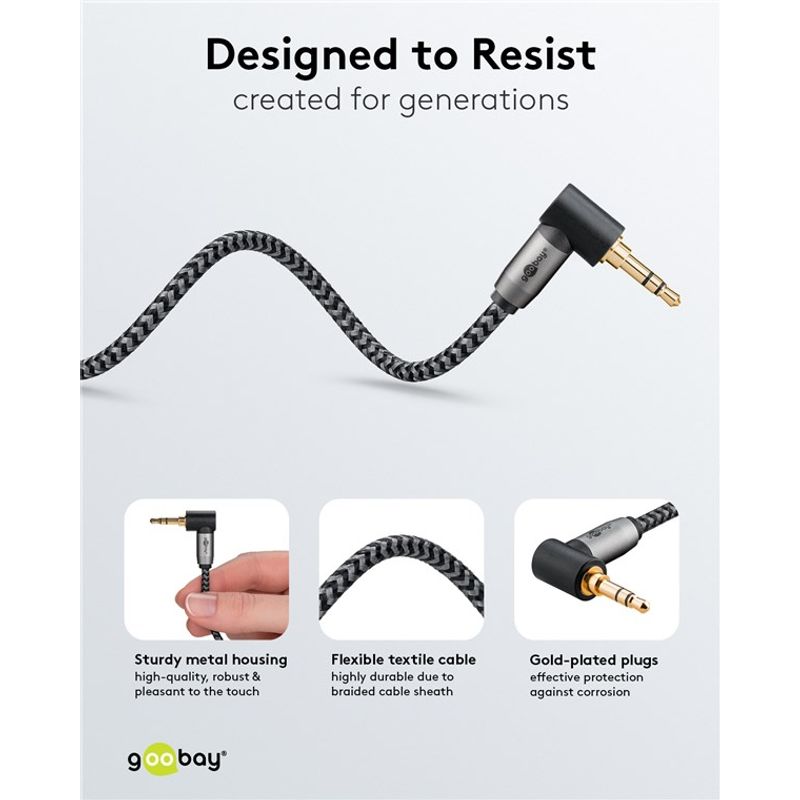 TV, Audio-Video si Foto - Accesorii TV si audio - Cabluri si adaptoare audio - Cablu audio stereo 2m textil impletit Jack 3.5 mm - 3.5 mm 90 grade tata-tata aurit Goobay 65279 - Infinity.ro