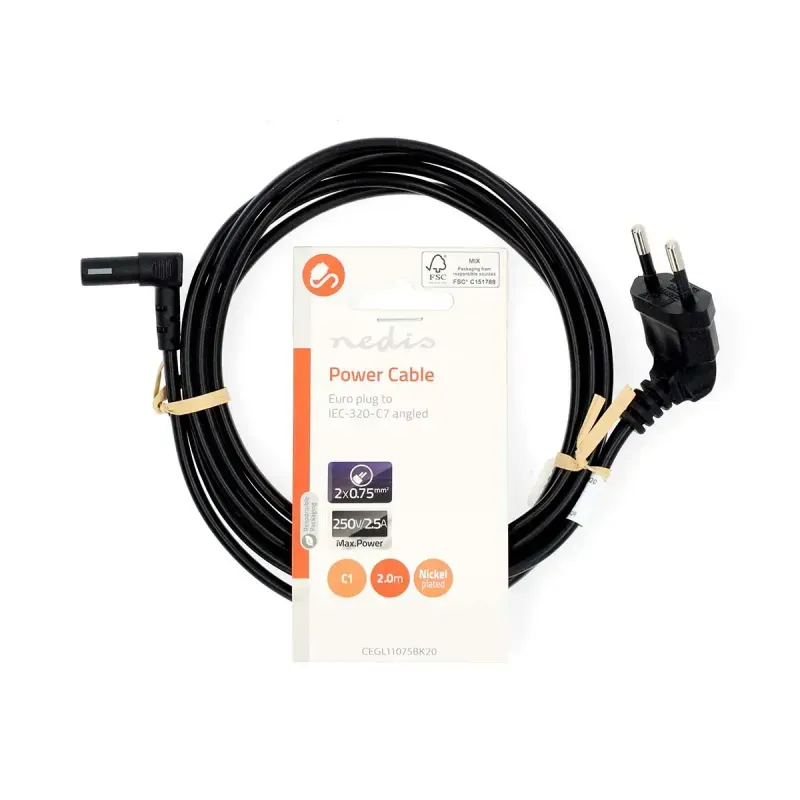 Casa si Gradina - Electrice - Cabluri electrice si conductori - Cablu de alimentare Euro tata cotit - IEC-320-C7 cotit 2m negru Nedis CEGL11075BK20 - Infinity.ro