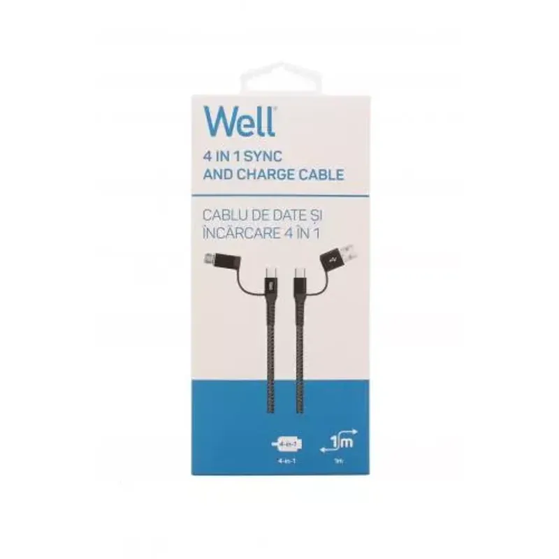 Laptop, Telefoane si Tablete - Telefoane mobile si accesorii - Accesorii Telefoane - Cabluri si adaptoare telefoane - Cablu de date si incarcare 4in1 1m 3A Well negru - Infinity.ro