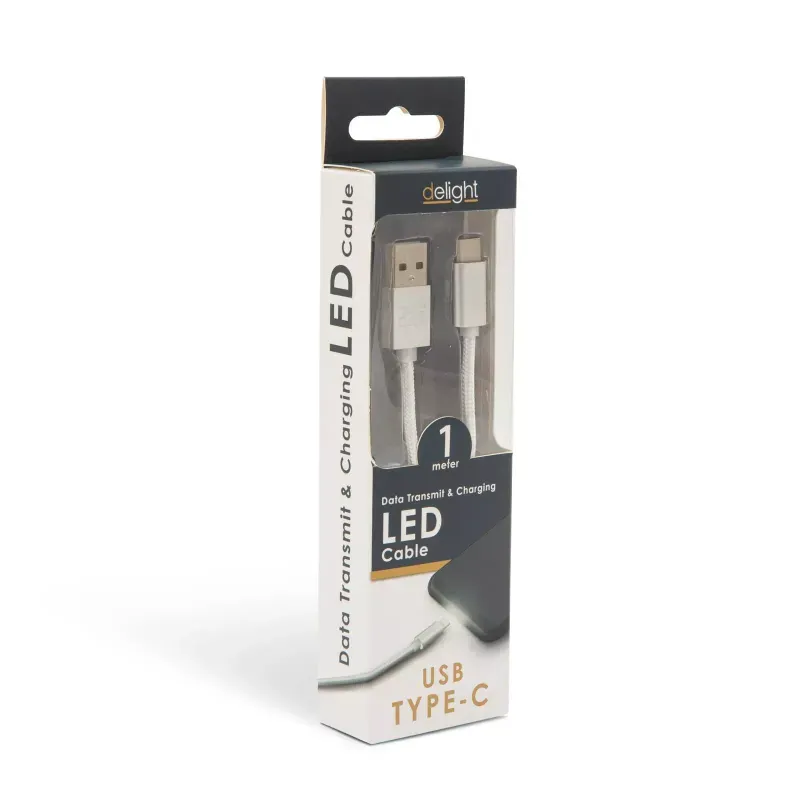 Laptop, Telefoane si Tablete - Telefoane mobile si accesorii - Accesorii Telefoane - Cabluri si adaptoare telefoane - Cablu de date USB type C 1m argintiu cu iluminare LED rosu delight - Infinity.ro