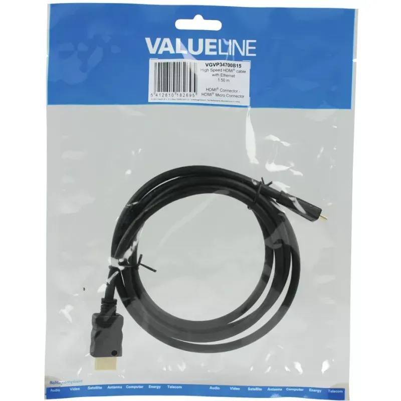 TV, Audio-Video si Foto - Accesorii TV si audio - Cabluri si adaptoare video - Cablu HDMI tata - micro HDMI HighSpeed Ethernet 1.5m VALUELINE - Infinity.ro