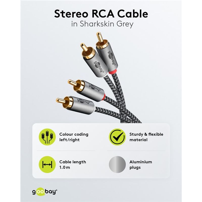 TV, Audio-Video si Foto - Accesorii TV si audio - Cabluri si adaptoare audio - Cablu stereo 2x RCA tata-tata 1m premium extrem de flexibil textil negru Goobay Plus 65292 - Infinity.ro