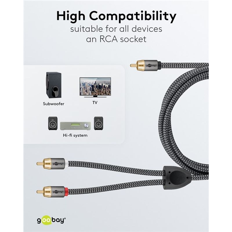 TV, Audio-Video si Foto - Accesorii TV si audio - Cabluri si adaptoare audio - Cablu subwoofer premium flexibil RCA Y 3m RCA tata - 2x RCA tata negru Goobay Plus 65301 - Infinity.ro