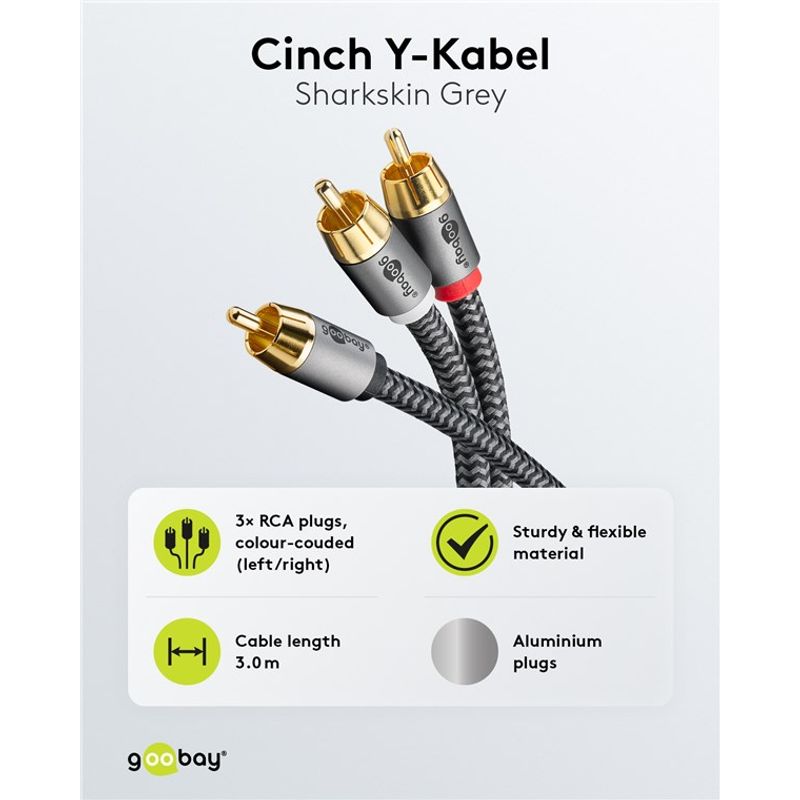 TV, Audio-Video si Foto - Accesorii TV si audio - Cabluri si adaptoare audio - Cablu subwoofer premium flexibil RCA Y 3m RCA tata - 2x RCA tata negru Goobay Plus 65301 - Infinity.ro