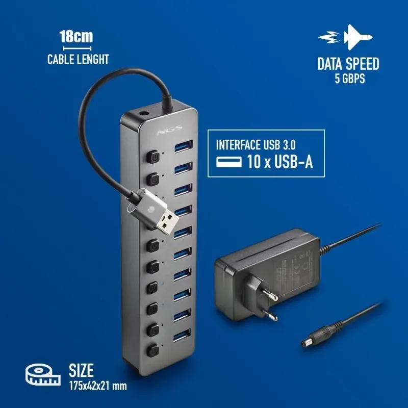 PC, gaming si accesorii - Retelistica - Hub-uri - HUB USB 3.0 NGS iHub10 cu 10 porturi si alimentator inclus - Infinity.ro