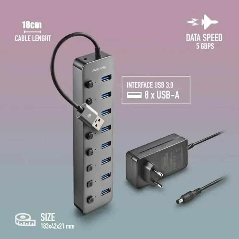 PC, gaming si accesorii - Retelistica - Hub-uri - HUB USB 3.0 NGS iHub8 cu 8 porturi si alimentator HUB-IHUB8-NGS - Infinity.ro