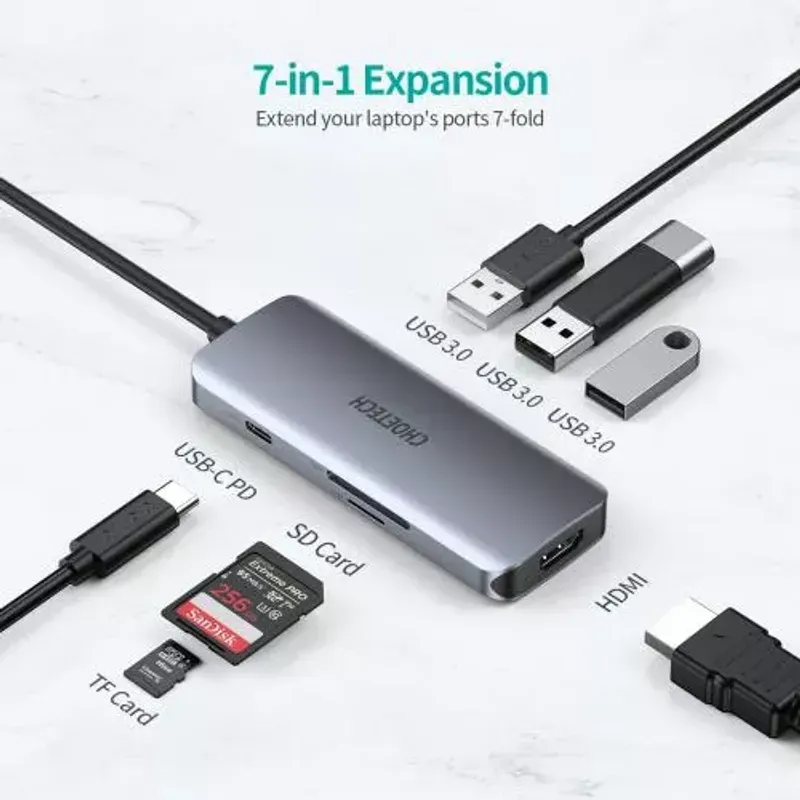 PC, gaming si accesorii - Retelistica - Hub-uri - HUB USB Type C - 1x HDMI 3x USB 3.0 SD PD 100W Choetech M19 gri - Infinity.ro