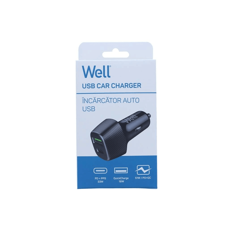 Laptop, Telefoane si Tablete - Telefoane mobile si accesorii - Accesorii Telefoane - Incarcatoare telefoane - Incarcator auto Well 51W 1x USB type C PD 33W PPS + 1x USB-A QC 18W negru PSUP-USB-CPQ5101BK-WL - Infinity.ro