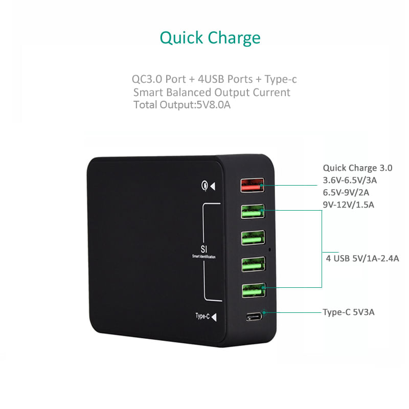 Laptop, Telefoane si Tablete - Telefoane mobile si accesorii - Accesorii Telefoane - Incarcatoare telefoane - Incarcator retea max. 8A 5x USB USB QC3.0 +USB TYPE C si power - Infinity.ro