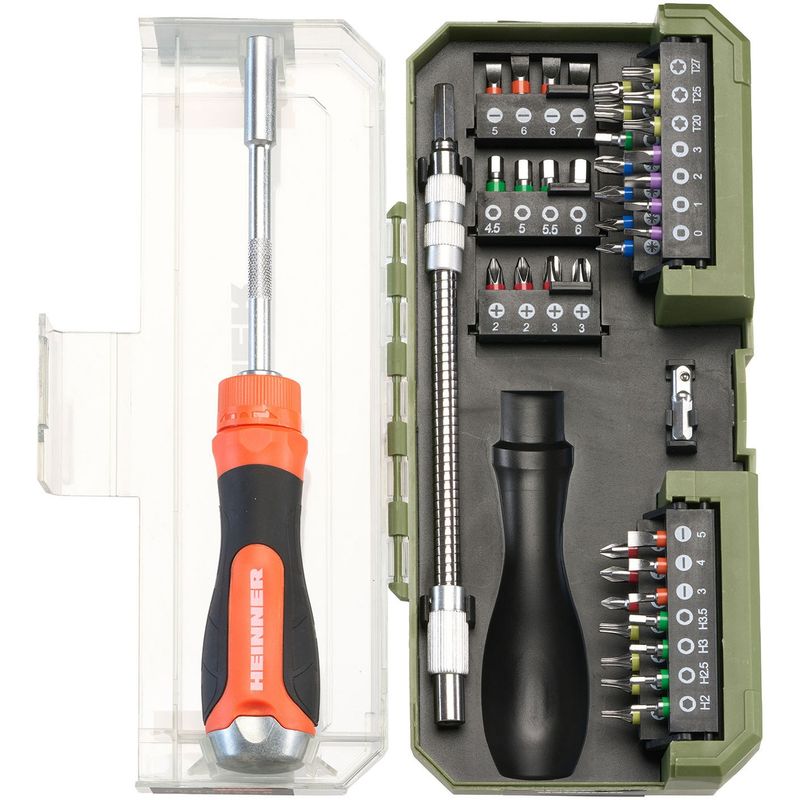 Casa si Gradina - Constructii - Scule de mana si unelte - Chei si truse chei - Set 43 accesorii Heinner PCSS018, surubelnita cu clichet, biti, extensie flexibila, adaptor biti - Infinity.ro