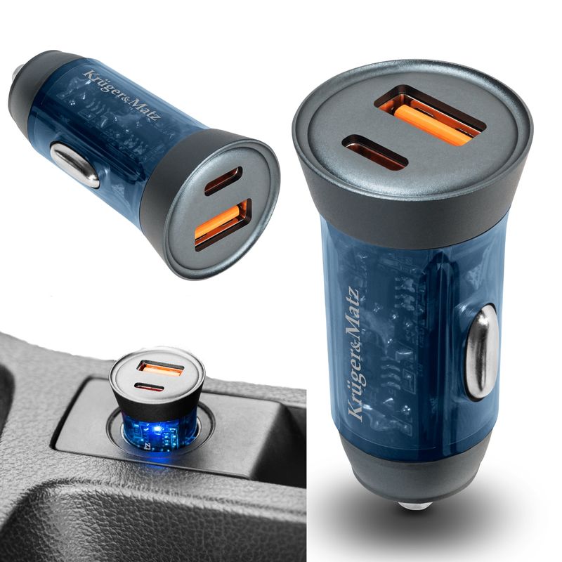 Laptop, Telefoane si Tablete - Telefoane mobile si accesorii - Accesorii Telefoane - Incarcatoare telefoane - Incarcator auto, 43 W, USB-A si USB-C, Kruger&Matz, aluminiu/ABS - Infinity.ro