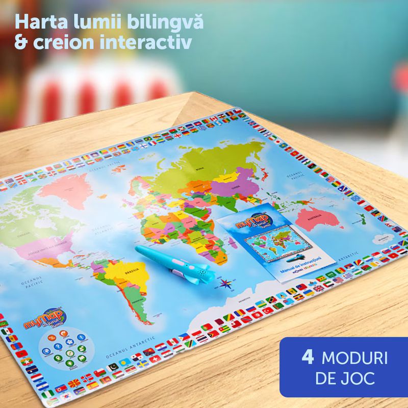 Jucarii, Copii si Bebe - Jucarii si jocuri - Jucarii & jocuri educative - Jocuri si jucarii educative - Harta interactiva a lumii Momki, cu creion interactiv, bilingv, romana-engleza - Infinity.ro