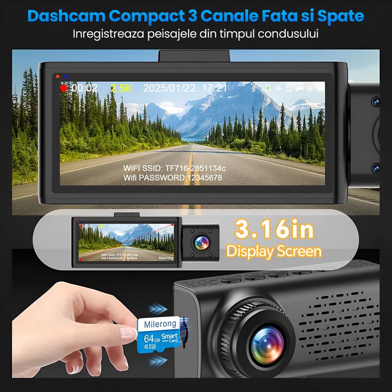Auto si Moto - Electronice auto - Camere auto si DVR - Camera Auto Fata-Spate Interior 2.5K WiFi 5G, 3 Canale, GPS, Ecran 3.16", Senzor Sony, F1.8, WDR - Infinity.ro