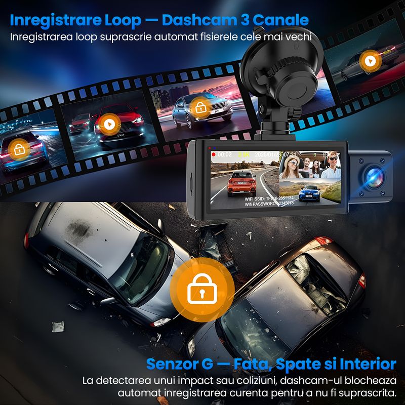 Auto si Moto - Electronice auto - Camere auto si DVR - Camera Auto Fata-Spate Interior 2.5K WiFi 5G, 3 Canale, GPS, Ecran 3.16", Senzor Sony, F1.8, WDR, 8GB - Infinity.ro