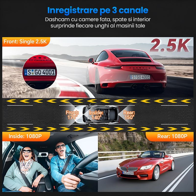 Auto si Moto - Electronice auto - Camere auto si DVR - Camera Auto Fata-Spate Interior 2.5K WiFi 5G, 3 Canale, GPS, Ecran 3.16", Senzor Sony, F1.8, WDR, 8GB - Infinity.ro