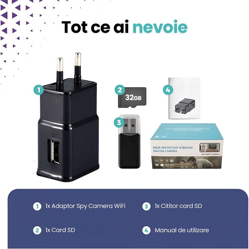 Laptop, Telefoane si Tablete - Wearables si gadgeturi - Gadgeturi - Dispozitive spionaj - Camera Spy Ascunsa in Incarcator USB WiFi cu Card 16GB, Full HD 1080p, Detectie Miscare, Aplicatie HDlivecam, - Infinity.ro