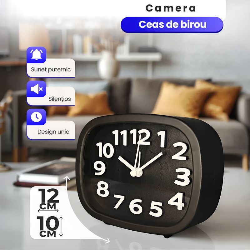 Laptop, Telefoane si Tablete - Wearables si gadgeturi - Gadgeturi - Dispozitive spionaj - Ceas Desteptator cu Camera Spy Ascunsa WiFi, 32GB, 4K Live Streaming, Full HD 1080p, Detectie Miscare, Alarma - Infinity.ro