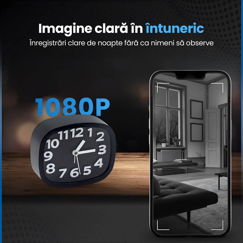 Laptop, Telefoane si Tablete - Wearables si gadgeturi - Gadgeturi - Dispozitive spionaj - Ceas Desteptator cu Camera Spy Ascunsa WiFi, 128GB, 4K Live Streaming, Full HD 1080p, Detectie Miscare, Alarma - Infinity.ro