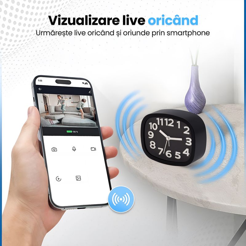Laptop, Telefoane si Tablete - Wearables si gadgeturi - Gadgeturi - Dispozitive spionaj - Ceas Desteptator cu Camera Spy Ascunsa WiFi, 128GB, 4K Live Streaming, Full HD 1080p, Detectie Miscare, Alarma - Infinity.ro