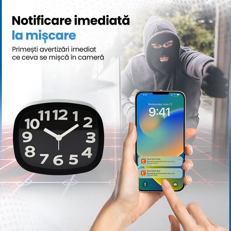 Laptop, Telefoane si Tablete - Wearables si gadgeturi - Gadgeturi - Dispozitive spionaj - Ceas Desteptator cu Camera Spy Ascunsa WiFi, 128GB, 4K Live Streaming, Full HD 1080p, Detectie Miscare, Alarma - Infinity.ro