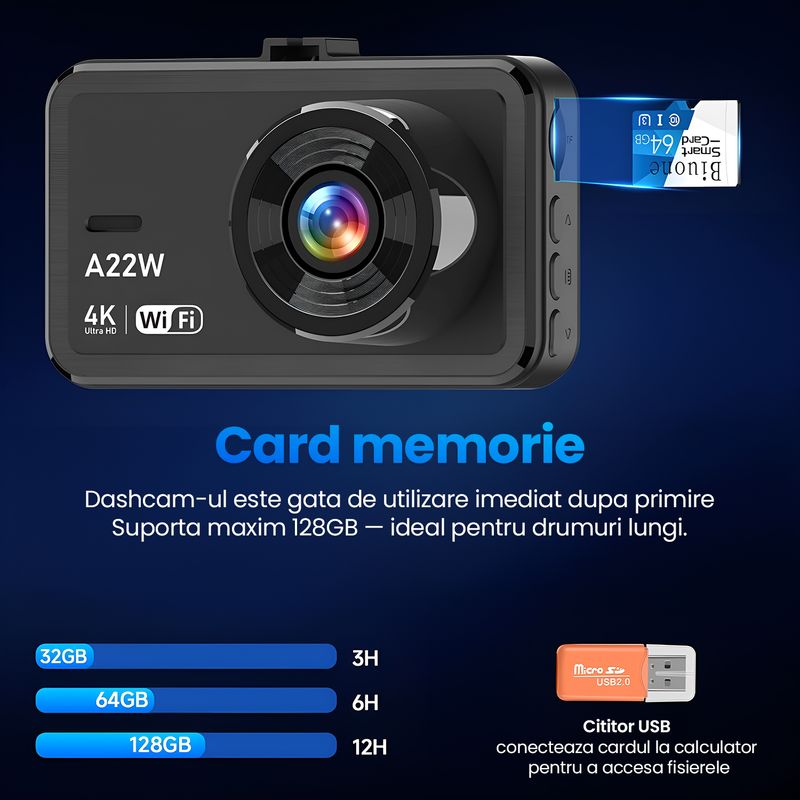 Auto si Moto - Electronice auto - Camere auto si DVR - Camera Auto Dubla 4K Ultra HD WiFi, Inregistrare Fata FHD + Spate 1080P, Waterproof, Night Vision Sony Starvis, 128GB - Infinity.ro