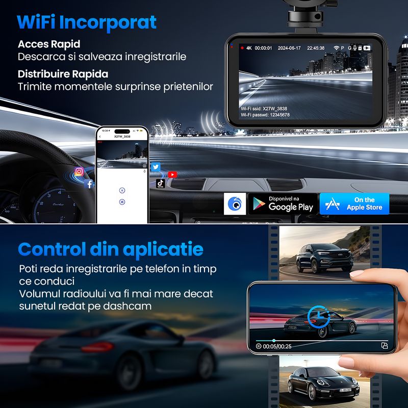 Auto si Moto - Electronice auto - Camere auto si DVR - Camera Auto Dubla 4K Ultra HD WiFi, Inregistrare Fata FHD + Spate 1080P, Waterproof, Night Vision Sony Starvis, 32GB - Infinity.ro