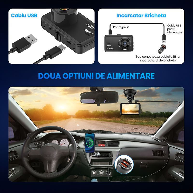 Auto si Moto - Electronice auto - Camere auto si DVR - Camera Auto Dubla 4K Ultra HD WiFi, Inregistrare Fata FHD + Spate 1080P, Waterproof, Night Vision Sony Starvis, 32GB - Infinity.ro