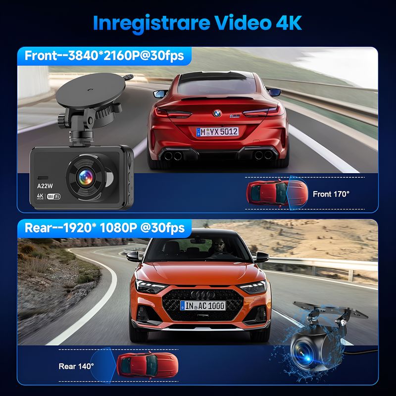 Auto si Moto - Electronice auto - Camere auto si DVR - Camera Auto Dubla 4K Ultra HD WiFi, Inregistrare Fata FHD + Spate 1080P, Waterproof, Night Vision Sony Starvis, 32GB - Infinity.ro