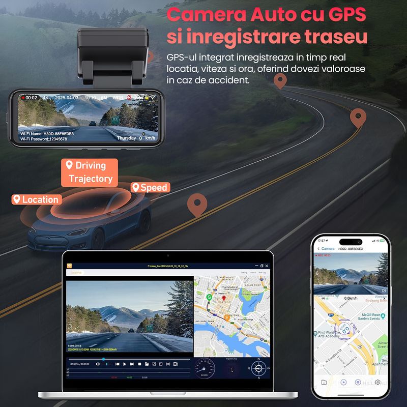 Auto si Moto - Electronice auto - Camere auto si DVR - Camera Auto Dubla 4K Ultra HD + 2K, WiFi GPS ADAS, Unghi 170° Fata 120° Spate, G-Sensor, Vedere 8GB - Infinity.ro