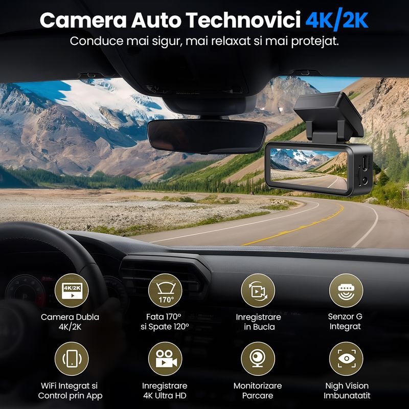 Auto si Moto - Electronice auto - Camere auto si DVR - Camera Auto Dubla 4K Ultra HD + 2K, WiFi GPS ADAS, Unghi 170° Fata 120° Spate, G-Sensor, Vedere 32GB - Infinity.ro
