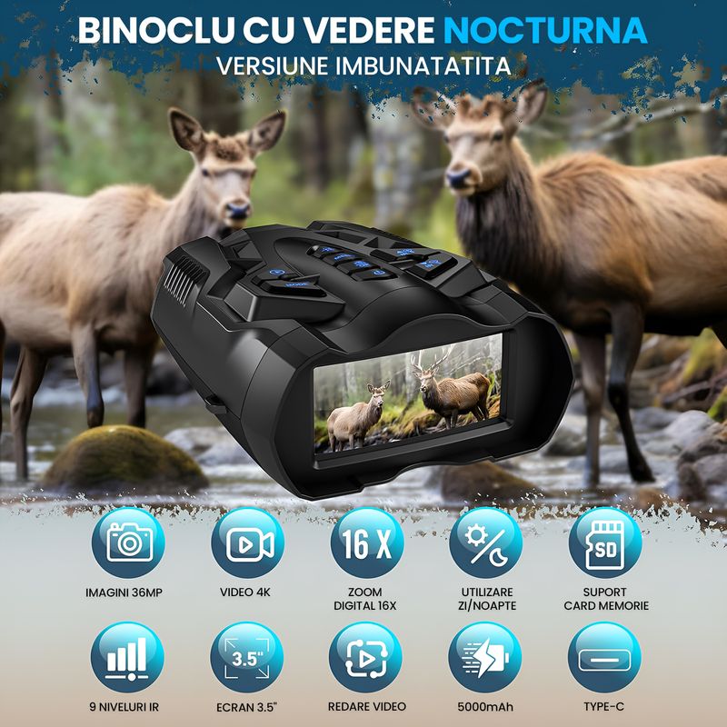 TV, Audio-Video si Foto - Optica, astronomie si metrologie - Optica si astronomie - Binocluri & lunete - Binoclu Vedere Nocturna 4K, 16GB, Ecran 3.5", Zoom 16X, Baterie 5000mAh, 9 Niveluri IR, IP54 Rezistent Apa - Infinity.ro