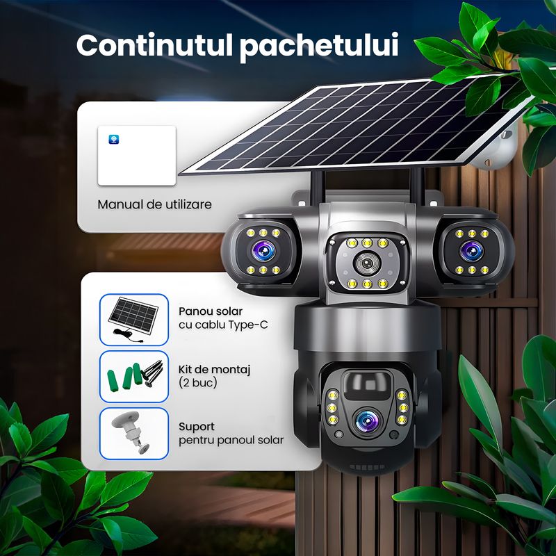 Casa si Gradina - Electrice - Smart Home - Camere de supraveghere - Camera de supraveghere solara 3 Obiective 5MP, 4G SIM + WiFi, Panou 7.5W, Night Vision - Infinity.ro
