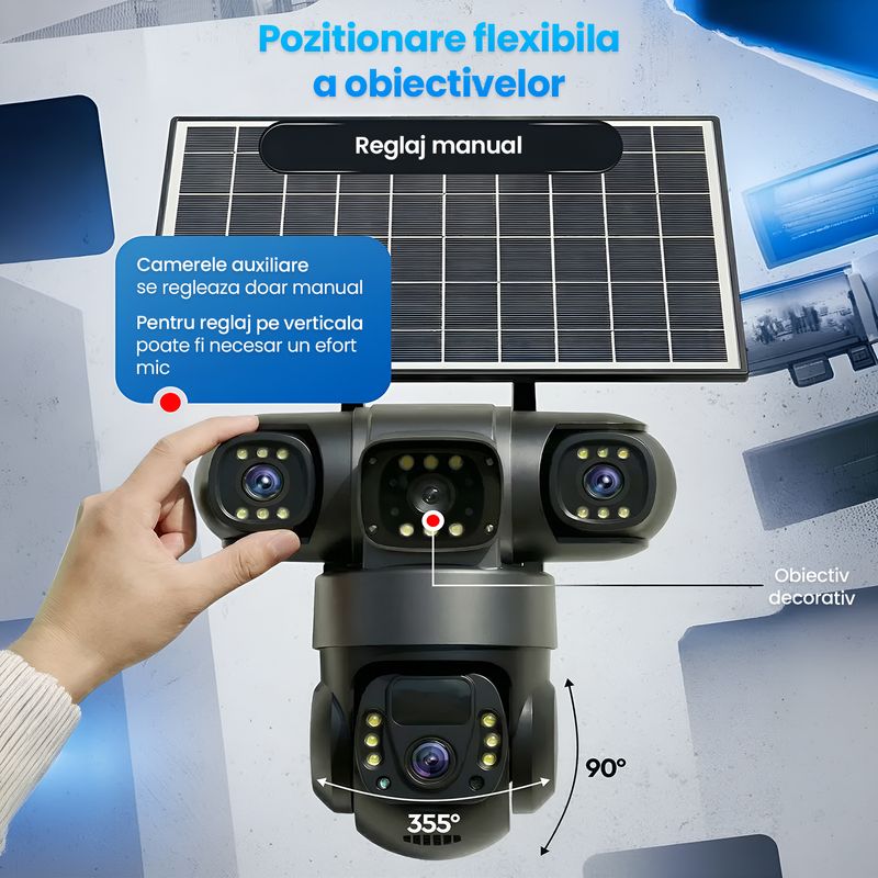 Casa si Gradina - Electrice - Smart Home - Camere de supraveghere - Camera de supraveghere solara 3 Obiective 5MP, 4G SIM + WiFi, Panou 7.5W, Night Vision - Infinity.ro