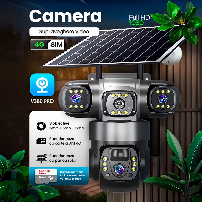 Casa si Gradina - Electrice - Smart Home - Camere de supraveghere - Camera de supraveghere solara 3 Obiective 5MP, 4G SIM + WiFi, Panou 7.5W, Night Vision, 64GB - Infinity.ro