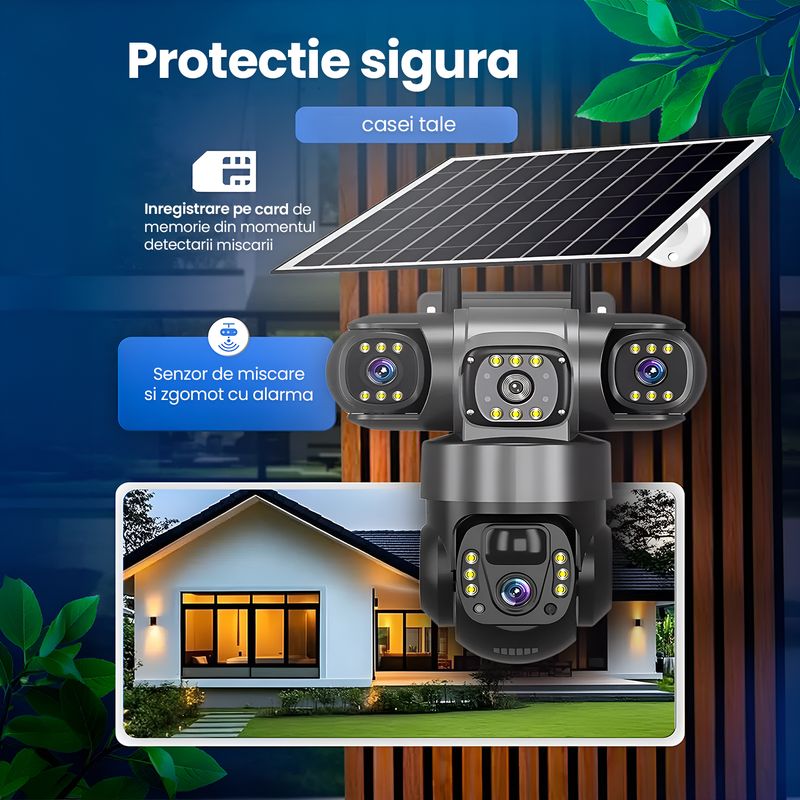 Casa si Gradina - Electrice - Smart Home - Camere de supraveghere - Camera de supraveghere solara 3 Obiective 5MP, 4G SIM + WiFi, Panou 7.5W, Night Vision, 64GB - Infinity.ro