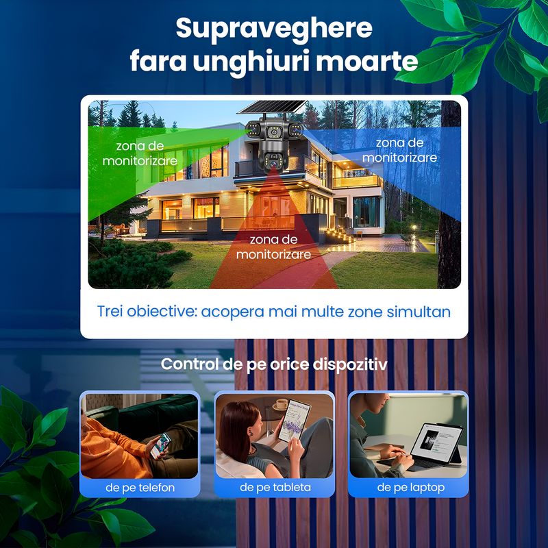 Casa si Gradina - Electrice - Smart Home - Camere de supraveghere - Camera de supraveghere solara 3 Obiective 5MP, 4G SIM + WiFi, Panou 7.5W, Night Vision, 64GB - Infinity.ro