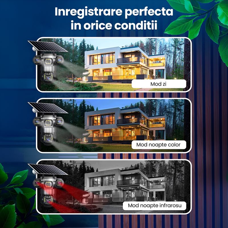 Casa si Gradina - Electrice - Smart Home - Camere de supraveghere - Camera de supraveghere solara 3 Obiective 5MP, 4G SIM + WiFi, Panou 7.5W, Night Vision, 128GB - Infinity.ro