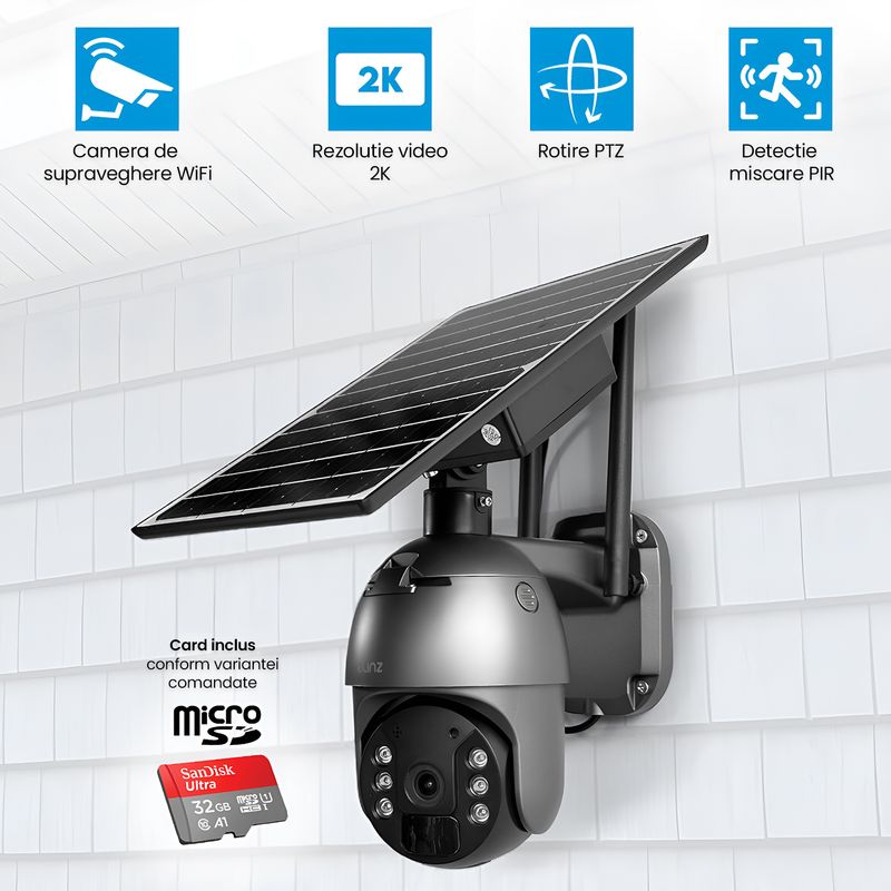 Casa si Gradina - Electrice - Smart Home - Camere de supraveghere - Camera supraveghere solara, WiFi PTZ 2K 8MP, Exterior, Vedere nocturna 30m, Senzor PIR, Alarma 8GB - Infinity.ro