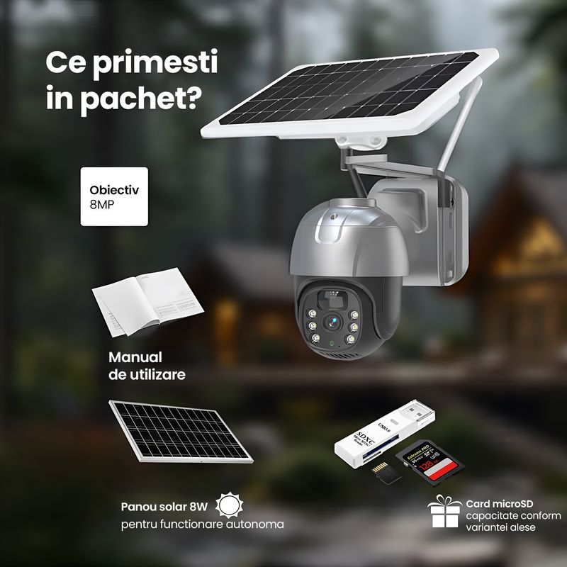 Casa si Gradina - Electrice - Smart Home - Camere de supraveghere - Camera supraveghere solara, WiFi PTZ 2K 8MP, Exterior, Vedere nocturna 30m, Senzor PIR, Alarma 8GB - Infinity.ro