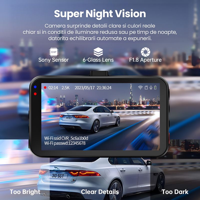 Auto si Moto - Electronice auto - Camere auto si DVR - Camera Auto Dubla Technovici WiFi, Card 16GB inclus, Fata si Marsarier, Control din Telefon, Inregistrare 2.5K QHD - Infinity.ro