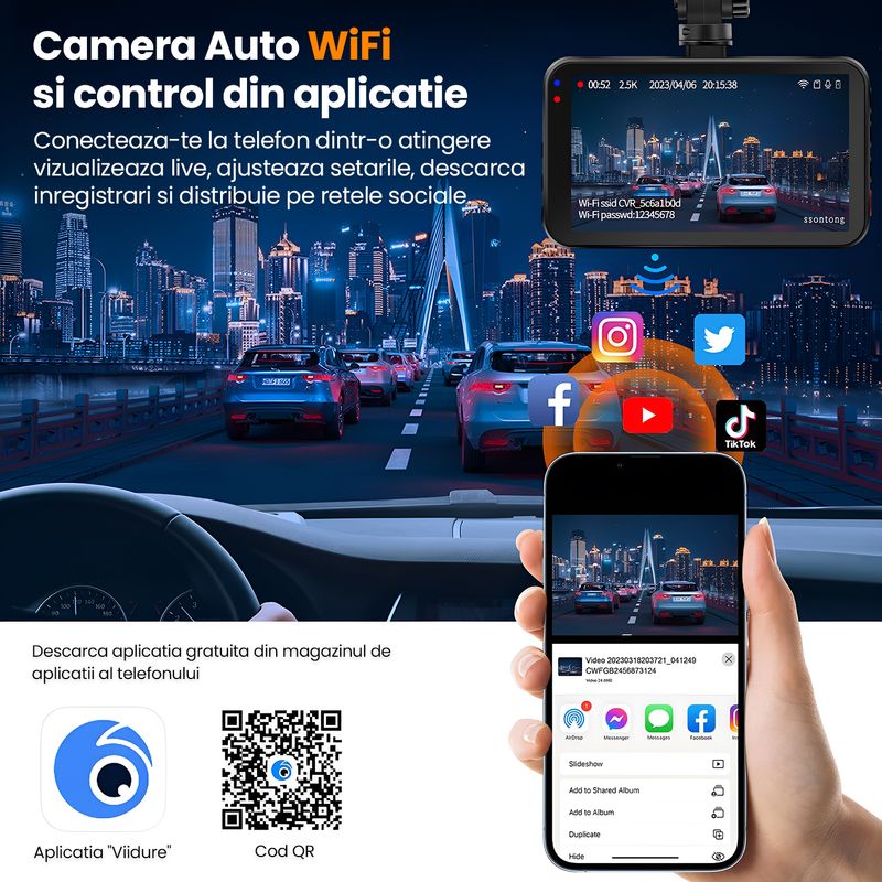 Auto si Moto - Electronice auto - Camere auto si DVR - Camera Auto Dubla Technovici WiFi, Card 16GB inclus, Fata si Marsarier, Control din Telefon, Inregistrare 2.5K QHD - Infinity.ro