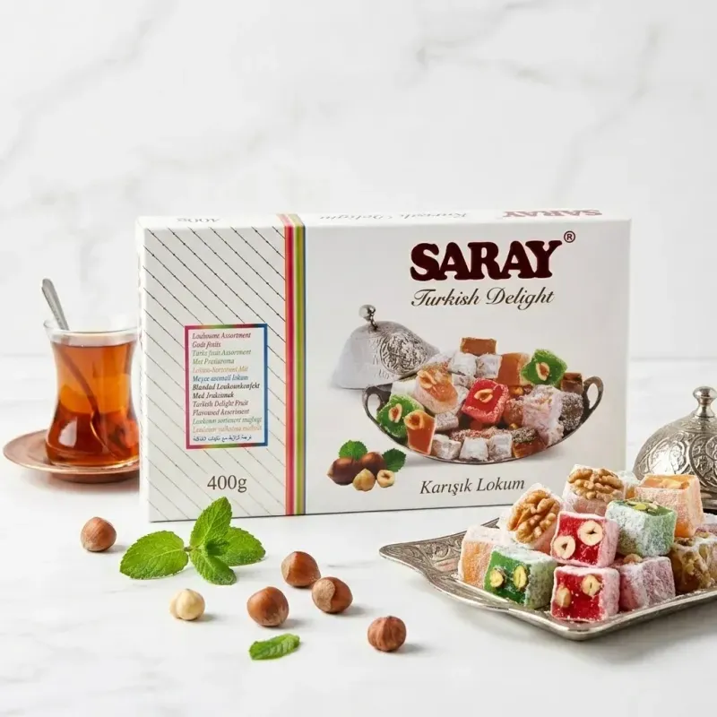 Market - Bacanie - Produse gourmet - Turkish Delight Original (Rahat Turcesc), cu mixt de nuci, Karisik Lokum, 400 gr, Saray - Infinity.ro